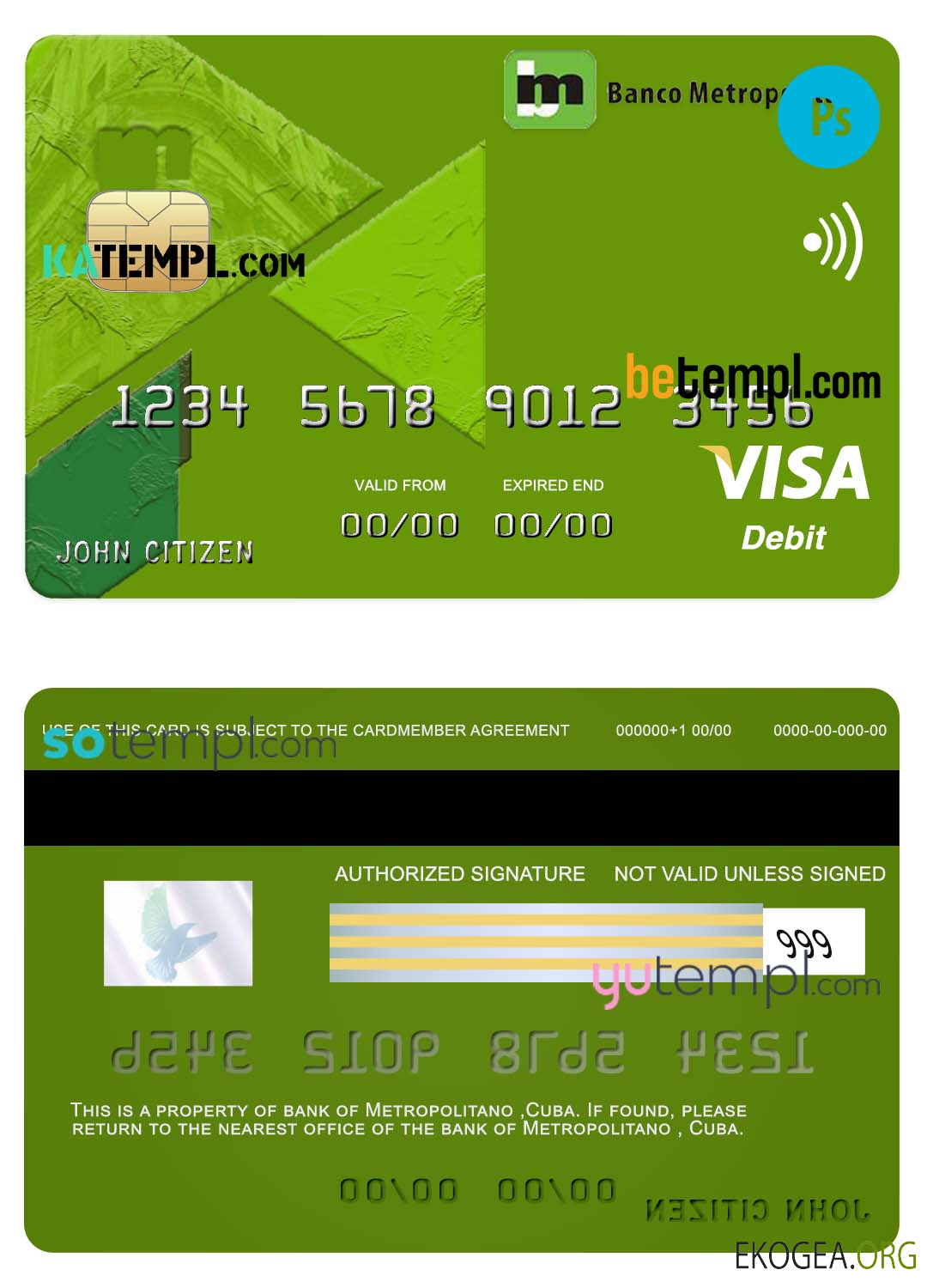 Modèle de carte de crédit visa banque métropolitaine de Cuba au format PSD, entièrement modifiable